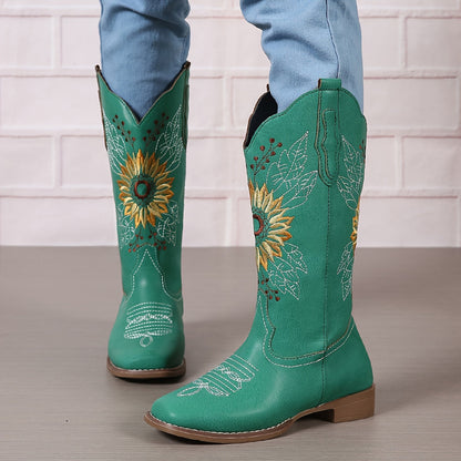 [Mid Calf Embroidered Western Boots] Women's Embroidered Mid Calf Western Boots, Faux Leather Fashion Boots, Women's Footwear Good Vibrations