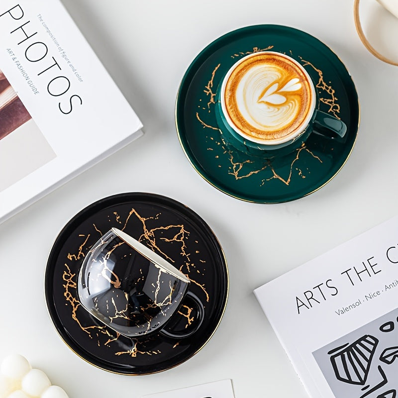 Set, Marble Print Teacup And Saucer, Ceramic Coffee Cup And Saucer Plate Good Vibrations