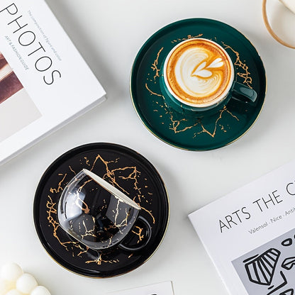 Set, Marble Print Teacup And Saucer, Ceramic Coffee Cup And Saucer Plate Good Vibrations