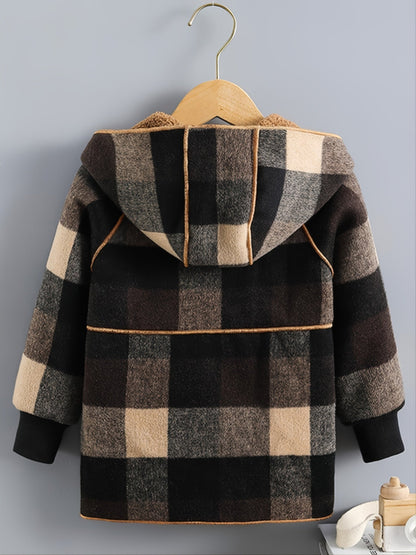 Boys' Long Sleeve Plaid Fleece-Lined Jacket with Button Front & Pockets - Cozy Fall/Winter Warmth, Casual Cardigan Collar, Brown/ Tartan Pattern, Machine Washable For Outdoor Play & Casual Attire, Winter Jacket For Boys, Fall Good Vibrations