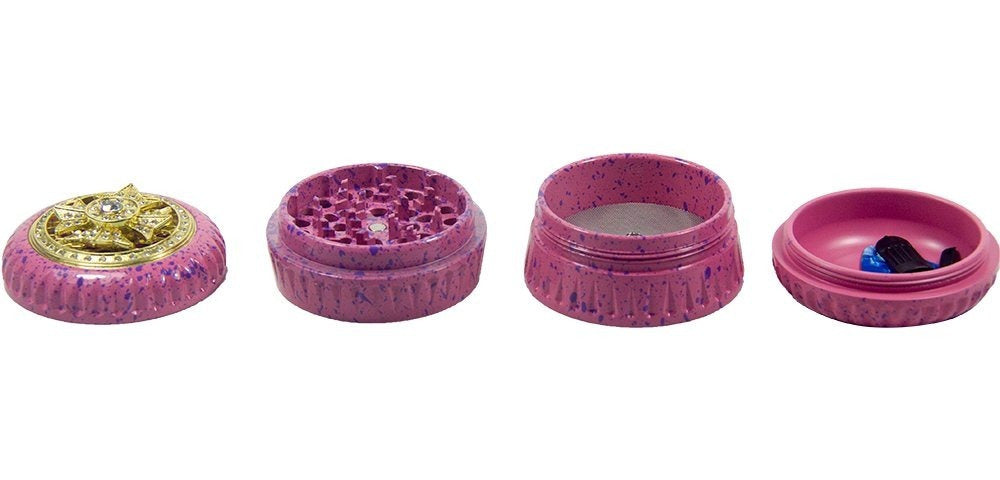 4-Layer Aluminum Herb Grinder with Built-in Fidget Spinner Top, Unique Star-Shaped Spinner Design with Embedded Rhinestones, Textured Body with Colorful Speckled Pattern for Enhanced Grip, Durable Construction and Smooth Grin Good Vibrations Adult Super Store