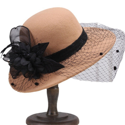 Women's Wide Brim Fedora Hat with Black Lace Veil & Floral Decor - Non- Derby Cap for Church, Bridal Tea Party, Formal Events Good Vibrations