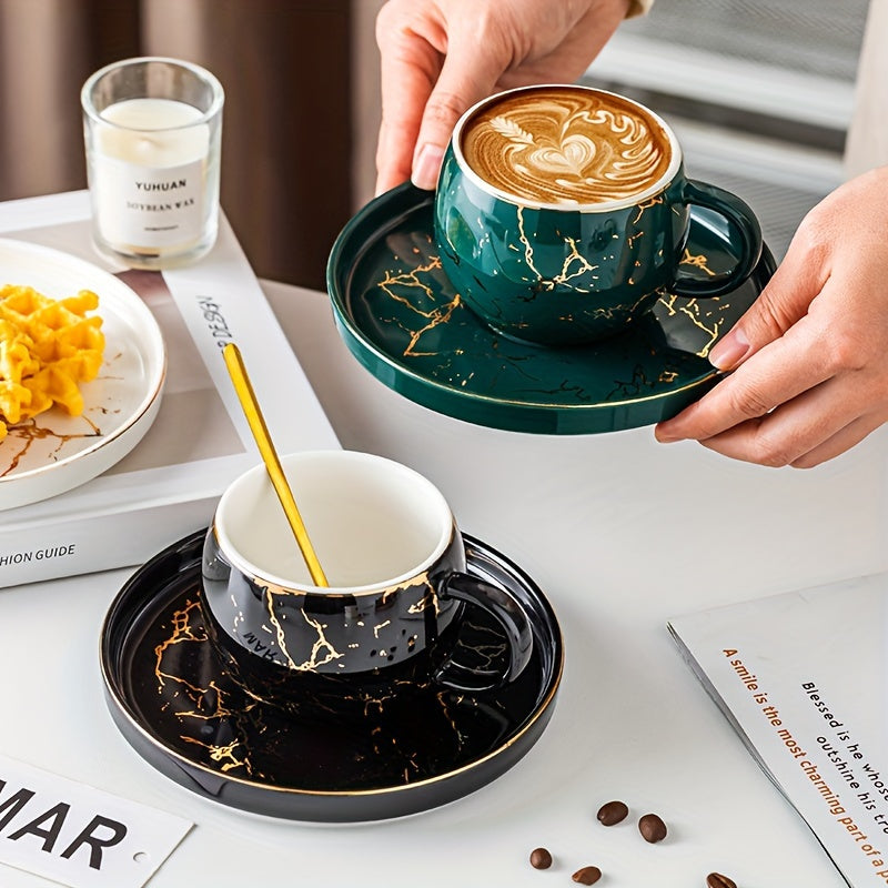 Set, Marble Print Teacup And Saucer, Ceramic Coffee Cup And Saucer Plate Good Vibrations