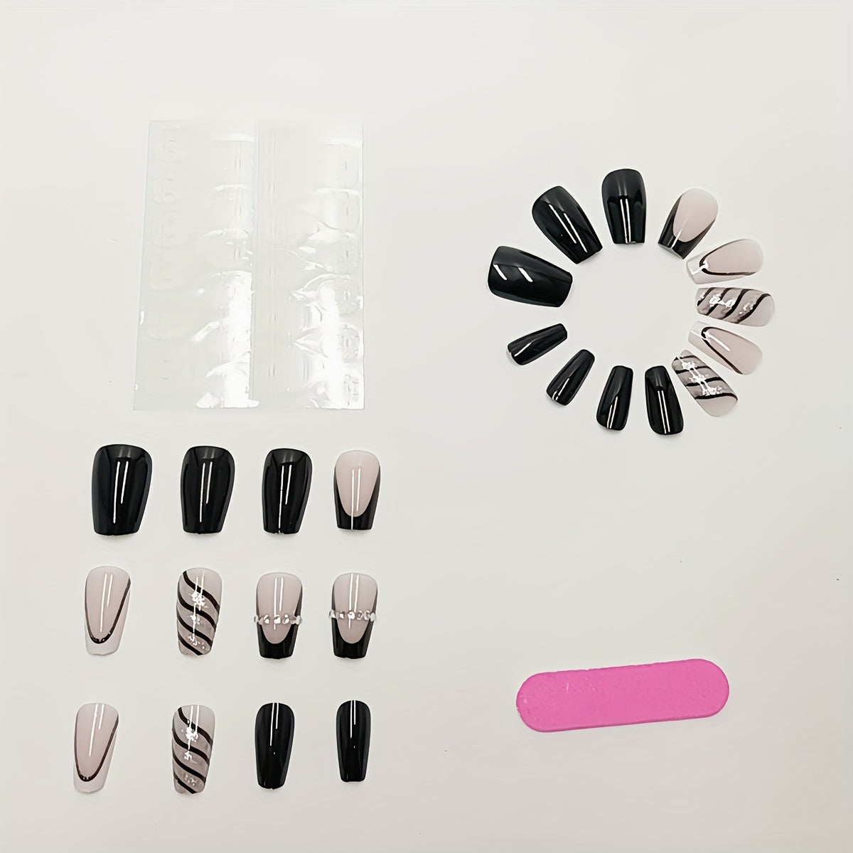 24 Pcs Black Striped Glitter Press-On Nail Tips with Jelly Glue and Nail File Good Vibrations