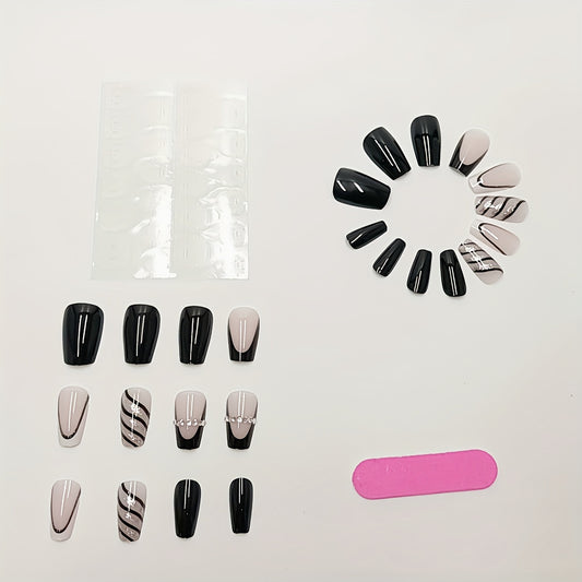 24 Pcs Black Striped Glitter Press-On Nail Tips with Jelly Glue and Nail File Good Vibrations