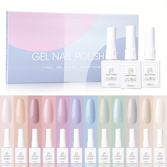 Perfect Summer Gel Nail Polish Set, 12 Colors Gel Polish Soak Off Pale Pink Nail Polish Gel Nude Purple Blue Green Gel Nail Kit All Seasons Nail Art Manicure Gifts DIY Home Good Vibrations