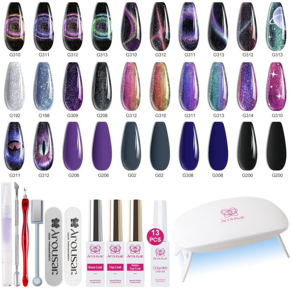 Arousar Cat Eye Gel Polish Set, 16pcs Chameleon Gel Nail Polish Black Purple Glitter Silver Changing Magic Galaxy Effect Kit With Base Top Coat, LED Nail Lamp, Cuticle Oil And Manicure Tools Good Vibrations