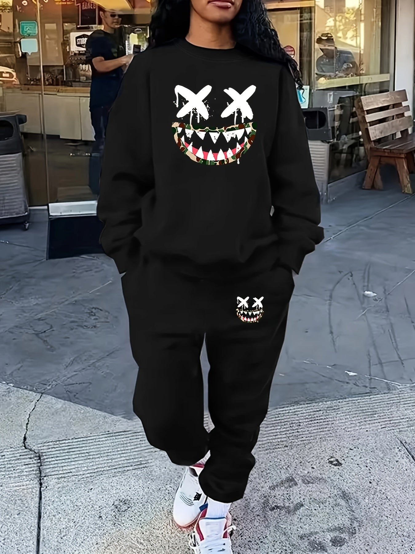two-piece Women's Cartoon Print Sweatshirt and Pocket Pants Outfit - Comfortable and Stylish Clothing Set Good Vibrations
