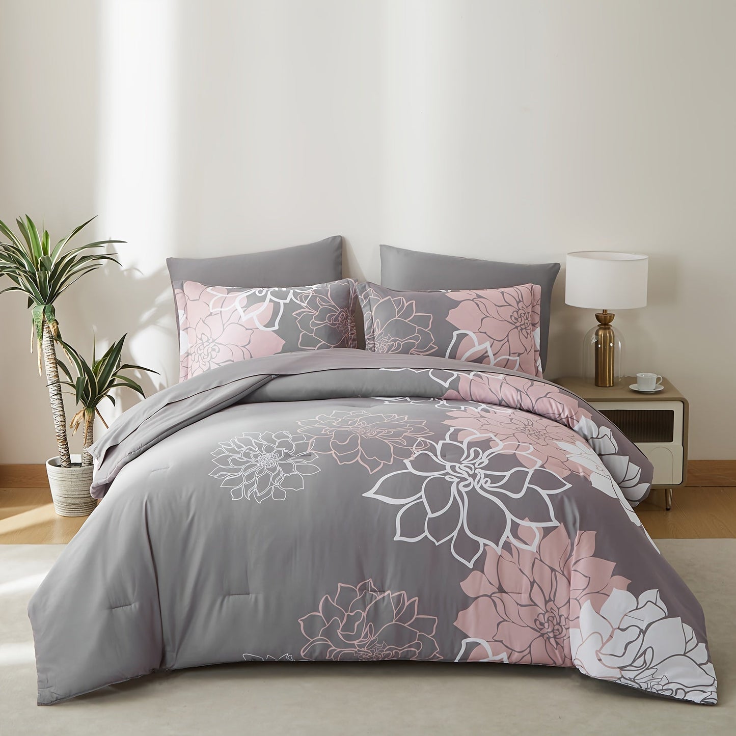 7Pcs Lightweight Boho Comforter Set - Stain-Resistant, Soft 100% Microfiber Cover, 100% Polyester Fiber Filling, Woven For Durability - Full/Queen/King Size Bed In A Bag For All Seasons, Floral Pattern Printed Bedding Good Vibrations