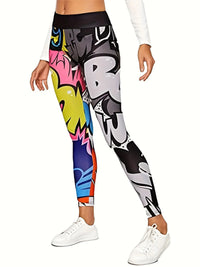 Comic Allover Print Wide Waistband Leggings - Casual Skinny Slim Stretchy Leggings - Polyester & Spandex Blend - For Women - Perfect for Casual Wear, Yoga, & Loungewear - Great Gift for Comic Book Fans Good Vibrations