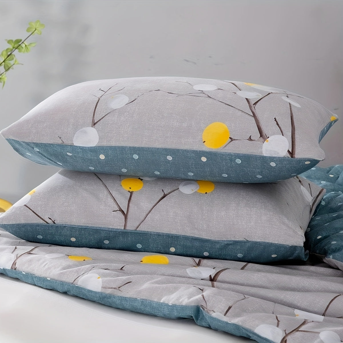 600 Thread Count SLEEPBELLA Luxury Duvet Cover - Soft Grey Branch Pattern with Yellow Turquoise Polka Dots, Reversible Comforter Cover with Green Reverse Side, Breathable, Hypoallergenic, and Machine Washable Good Vibrations