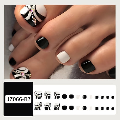 24-Piece Black Square Short Nail Tips Set with Glitter Accent and 3D Rhinestone Stripes - Glossy Finish Good Vibrations