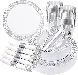 175Pcs Silver Dinnerware Sets, Lude:25 Dinner Plates, 25 Dessert Plates, 25 Paper Napkins, 25 Cups, 75 Silver Silverware Set Good Vibrations