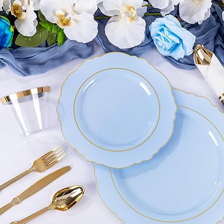 350Pcs Bule Plastic Plates - Disposable Bule And Gold Plates 50Guest Baroque Plastic Dinnerware Lude 100Plates, 50Pa Pre Rolled Good Vibrations