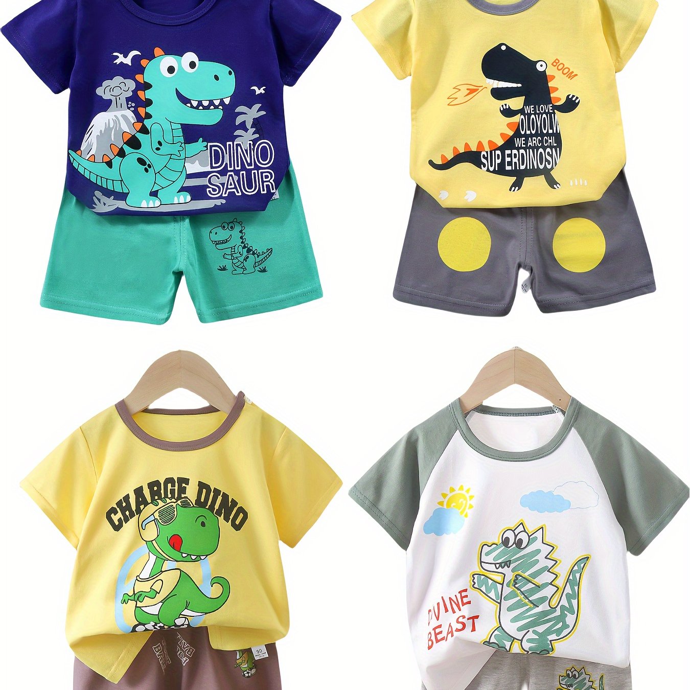4sets Children's Dinosaur Series Casual Clothing Set For Boys Top Baby Comfortable Short Sleeved Shorts Set Good Vibrations