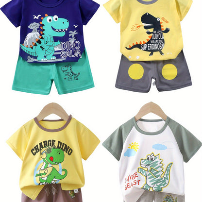 4sets Children's Dinosaur Series Casual Clothing Set For Boys Top Baby Comfortable Short Sleeved Shorts Set Good Vibrations
