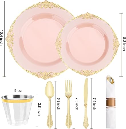 350 Pcs Pink And Gold Plastic Plates, Plastic Dinnerware Set For 50 Guests, 100 Disposable Plates, 150 Silverwares, 50 Cups, 50 Good Vibrations