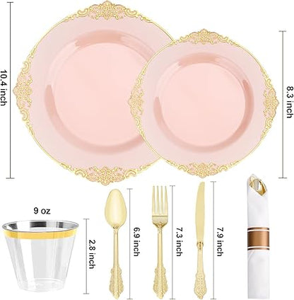 350 Pcs Pink And Gold Plastic Plates, Plastic Dinnerware Set For 50 Guests, 100 Disposable Plates, 150 Silverwares, 50 Cups, 50 Good Vibrations