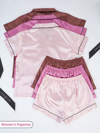 Three Sets of Satin Outfits. Short-Sleeved Collared Tops And Elastic Waistband Shorts, Suitable for Women'S Sleepwear And Loungewear, Women Short And Top Set, Short And Top Set Women, Women Short Set, Loungewear Women Set, Sh Good Vibrations