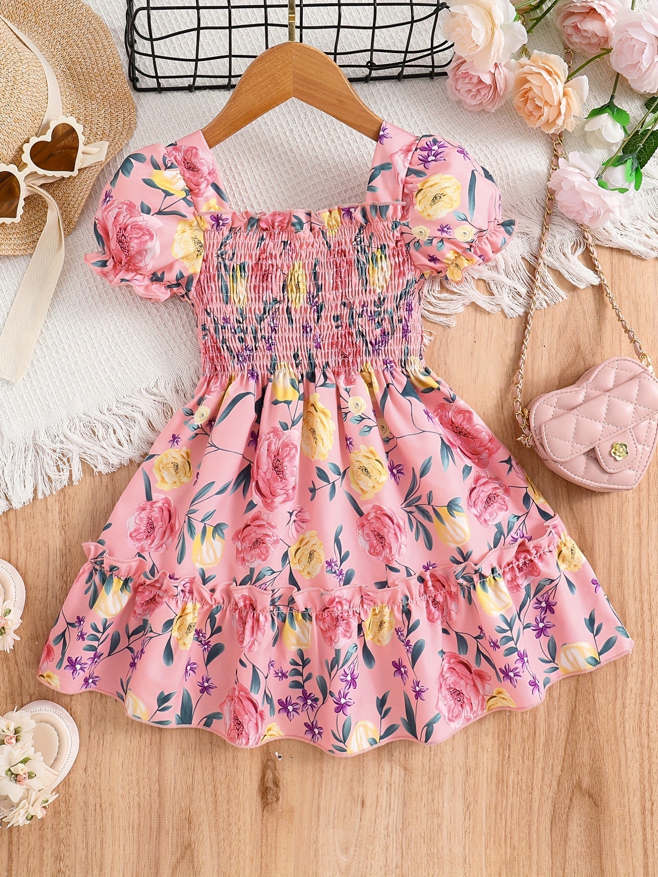[Floral Party Dress] Floral Puff Sleeve Girls Party Dress | Shirred Ruffled Hem Kids Summer Clothes Good Vibrations