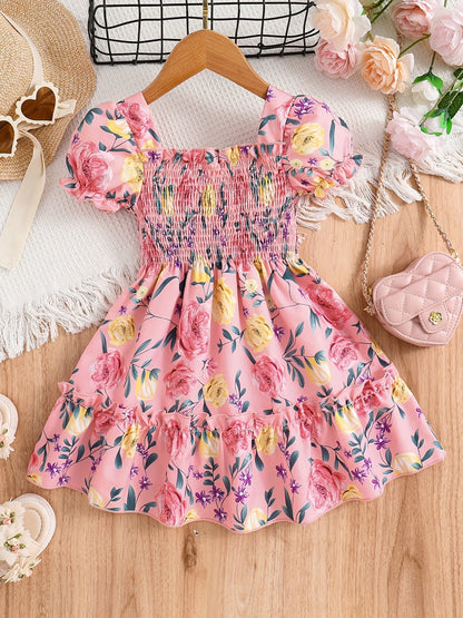 [Floral Party Dress] Floral Puff Sleeve Girls Party Dress | Shirred Ruffled Hem Kids Summer Clothes Good Vibrations
