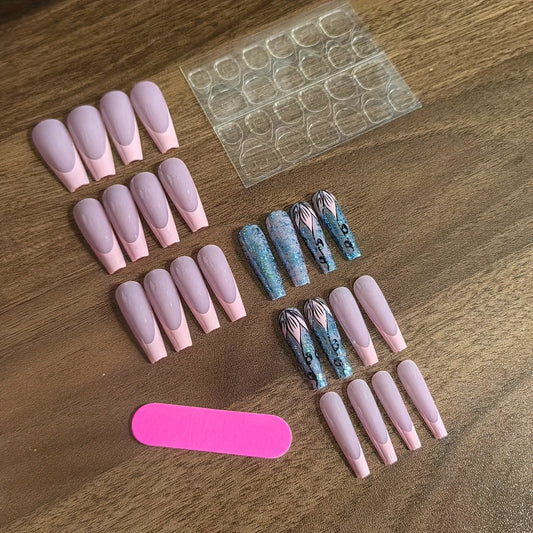 24pcs Sweet Sparkle Vine Spring/Summer Press-On Nails, Long French Ballet Nail Tips, Removable Glitter Pink Artificial Nail Patch with Mixed Colors and Glossy Finish, Nail Art Stickers Good Vibrations