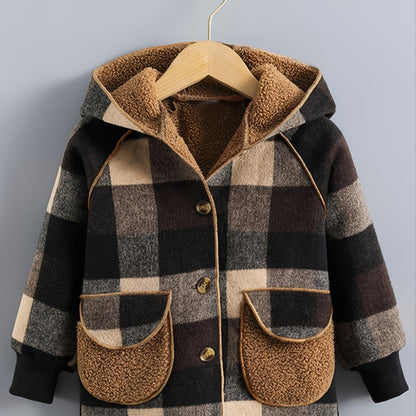 Boys' Long Sleeve Plaid Fleece-Lined Jacket with Button Front & Pockets - Cozy Fall/Winter Warmth, Casual Cardigan Collar, Brown/ Tartan Pattern, Machine Washable For Outdoor Play & Casual Attire, Winter Jacket For Boys, Fall Good Vibrations