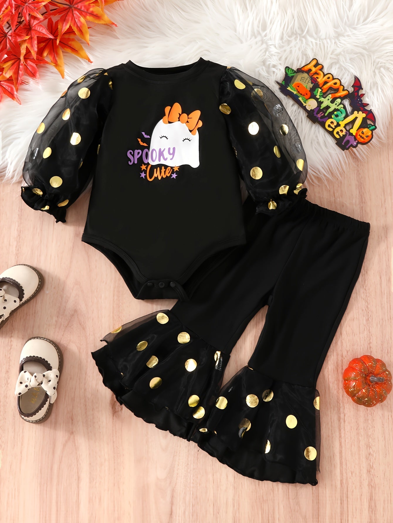 2pcs Baby's Polka Dots Mesh Sleeve Bodysuit + Trendy Bell-bottom Pants, Toddler & Infant Girl's Clothing Set For Halloween Good Vibrations