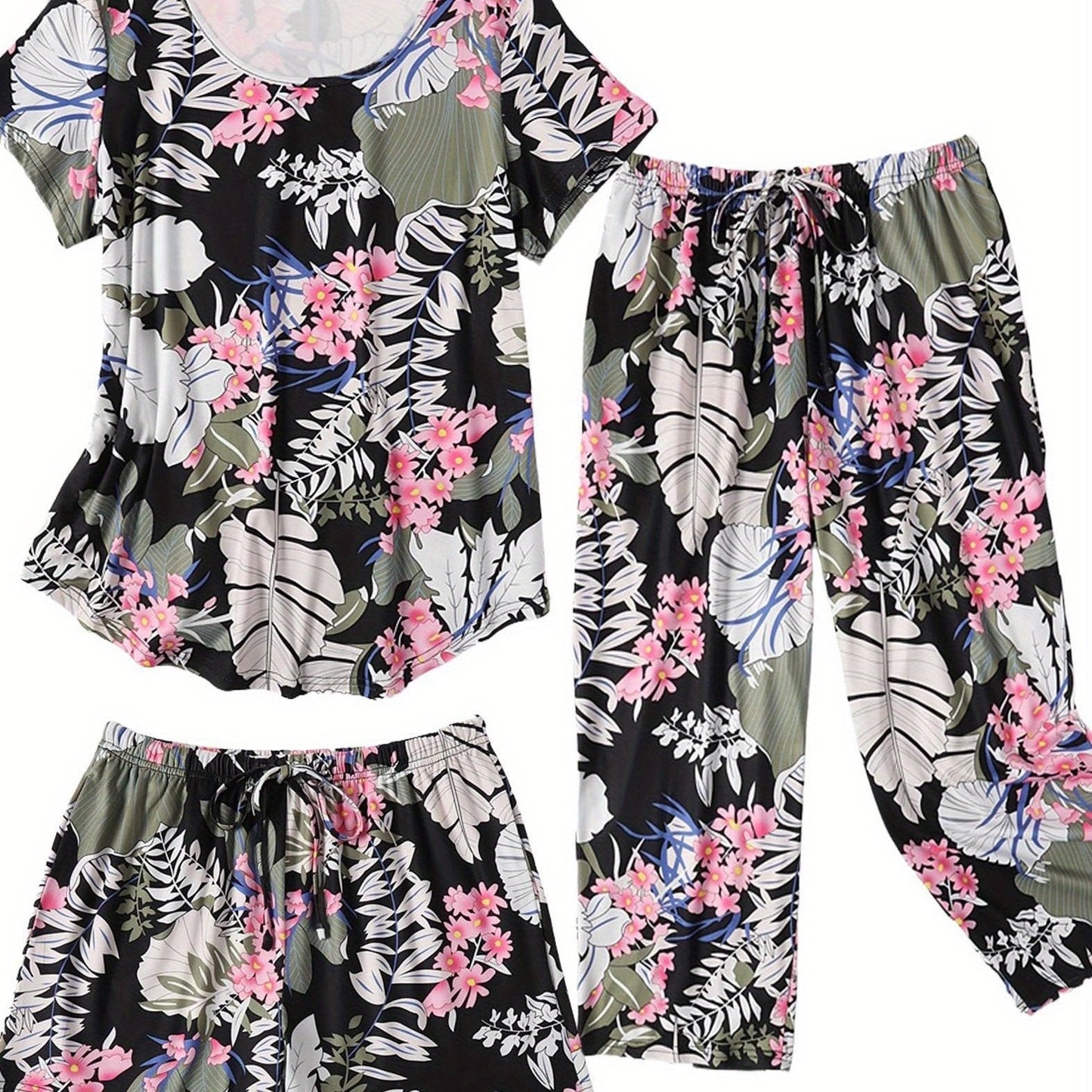 Fashion 3 PCS Capri Pajamas For Women Set Nightwear Housing Suit Super-Soft Housewear Casual Nightsuit Sleeping Suit Short Sleeve Pajama Sets Sleepsuit Floral Pj Sets Soft Sleepwear With Pockets Plus Size S-XXL Good Vibrations