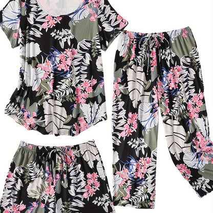 Fashion 3 PCS Capri Pajamas For Women Set Nightwear Housing Suit Super-Soft Housewear Casual Nightsuit Sleeping Suit Short Sleeve Pajama Sets Sleepsuit Floral Pj Sets Soft Sleepwear With Pockets Plus Size S-XXL Good Vibrations