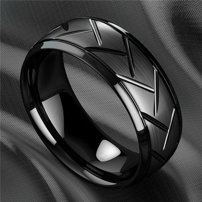 1pc 8MM Luxury High Quality Black Titanium Steel Ring Fashion Simple Men's Black Stainless Steel Wire Groove Tire Ring Artificial Jewelry Lover Gift Good Vibrations