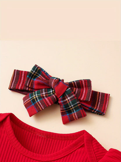 Baby Autumn and Winter Clothing Set Baby Girls 0-18 Months Romper and Plaid Strap Skirt and Headband Good Vibrations