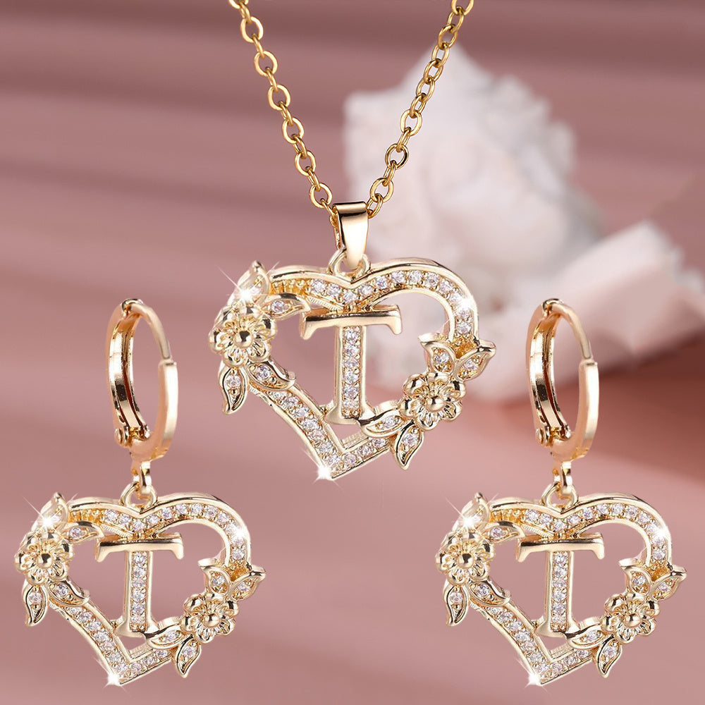 3pcs Women's Jewelry Set - Heart-Shaped Interlocking Link Necklace & Earrings with 26-Letter Monogram, Elegant Golden-Tone -Accented Letters, Dainty Everyday Gift for Mother's Day, Graduation, Birthdays (Pink & Clear Good Vibrations