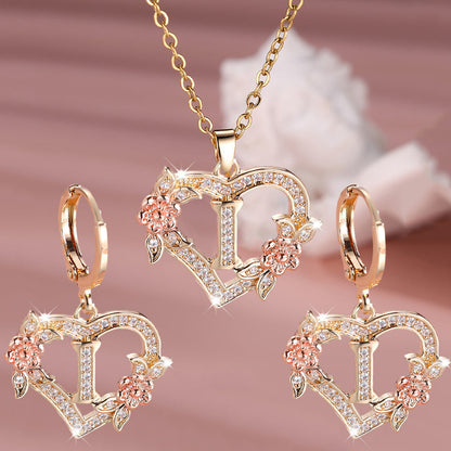 3pcs Women's Jewelry Set - Heart-Shaped Interlocking Link Necklace & Earrings with 26-Letter Monogram, Elegant Golden-Tone -Accented Letters, Dainty Everyday Gift for Mother's Day, Graduation, Birthdays (Pink & Clear Good Vibrations