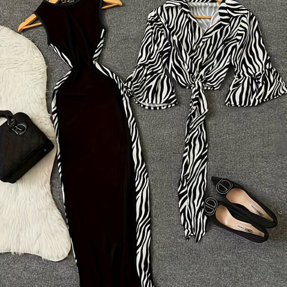 Women'S Y2K Style Leopard Print Top and Color Block Dress Set - Sleeveless, Button-Up, High-Waisted, All-Season Fashion, Casual Attire|Y2K Fashion|Sleeveless Top, Women Dresses, Women Set, Women Dress Autumn Good Vibrations