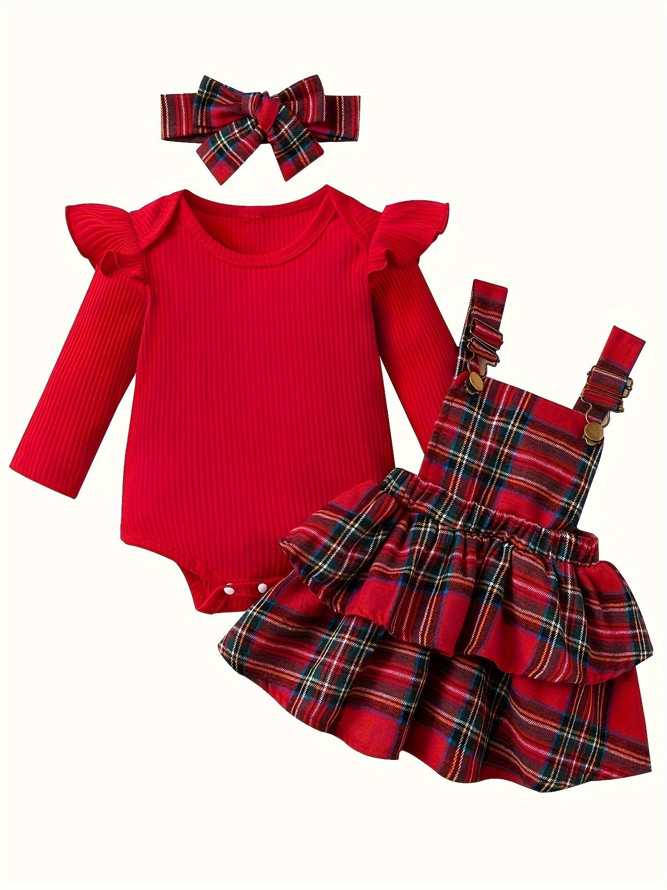 Baby Autumn and Winter Clothing Set Baby Girls 0-18 Months Romper and Plaid Strap Skirt and Headband Good Vibrations