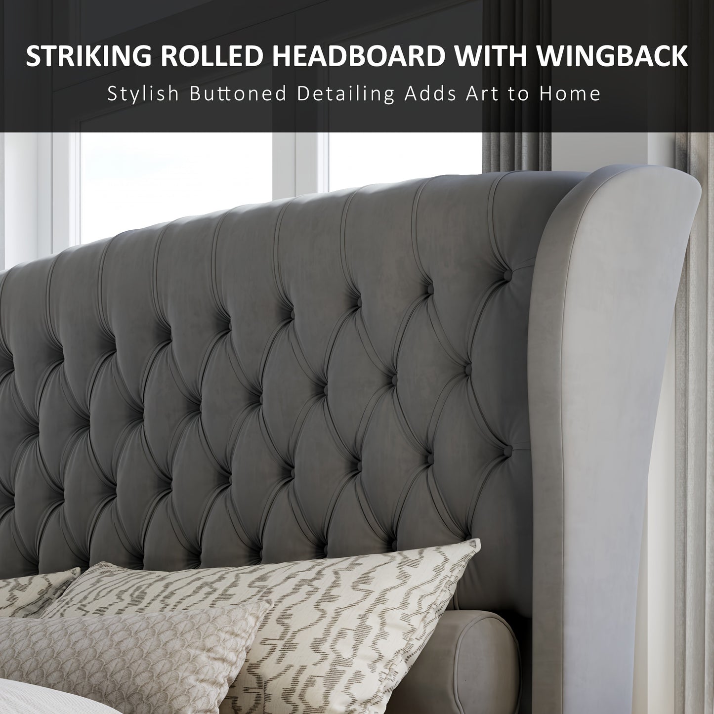 Platform Bed Frame, Chenille Upholstered Sleigh Bed with Scroll Wingback Headboard & Footboard/Button Tufted/No Box Spring Required/ Good Vibrations