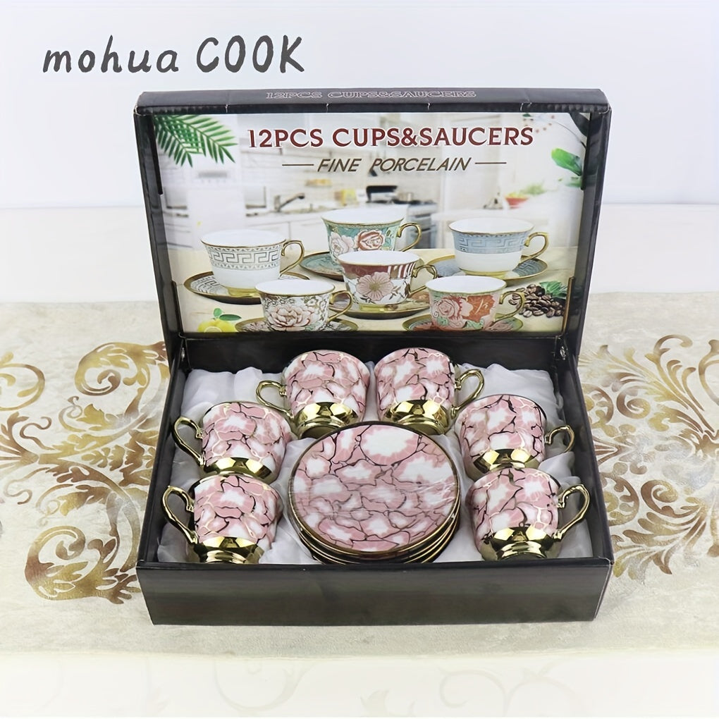 1set, European Style Creative Electroplated Ceramic Tea Set, 6 Cups & 6 Saucers, Porcelain Coffee Cup Gift Box Set Good Vibrations