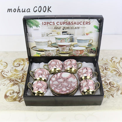 1set, European Style Creative Electroplated Ceramic Tea Set, 6 Cups & 6 Saucers, Porcelain Coffee Cup Gift Box Set Good Vibrations