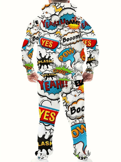 [Two-Piece Comic Print Hoodie Set] Men'S Casual Hoodie and Pants Set, 100% Polyester Knit Fabric, Full Coverage Comic Style Print, Casual Fit, Spring/Fall Warmth Two-Piece Set Good Vibrations