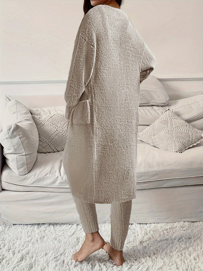 Women'S Solid Fleece Thick Home Suit Set, Cozy Clothing, Winter Pajamas, Classic Loungewear, Relaxed Fit, Warm Fabric, Durable Stitching, Women'S Pajamas, Fleece Pajamas, Long Sleeve Set Women, Night Wear For Women, Women Fal Good Vibrations