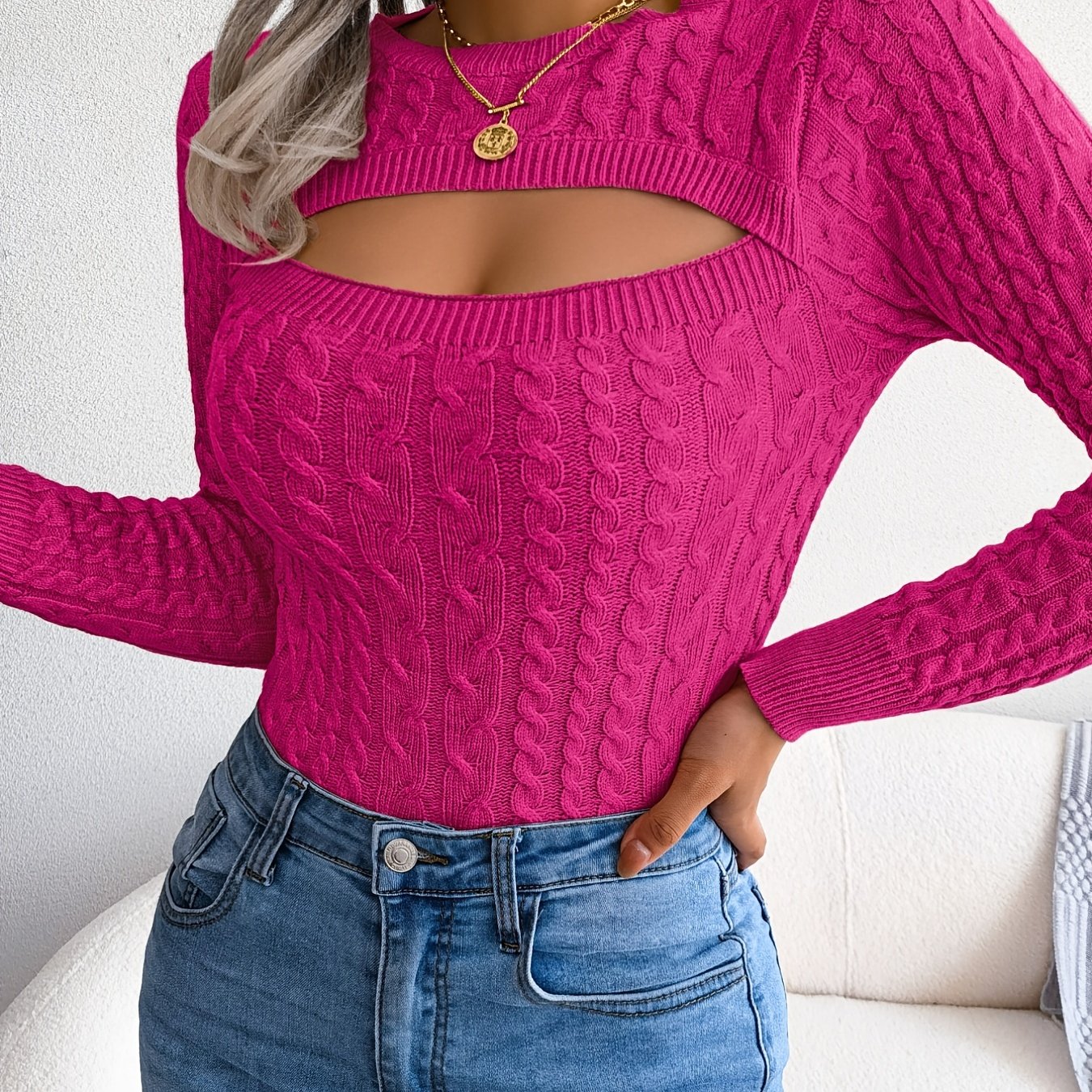 Long Sleeve High Stretch Acrylic Blend Women's Sexy Hollow-Out Knit Pullover Sweater, Skinny Fit, Solid Color, Spring/Fall Fashion Top, Crew Neck, Polyester 28%, Polyamide 22%, Viscose 28% Good Vibrations