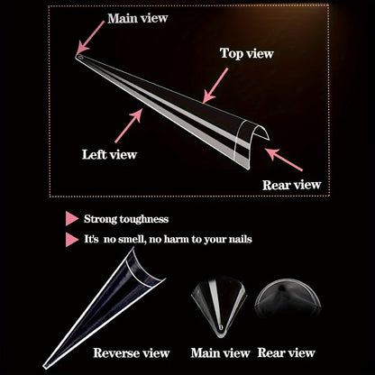 504 Pcs XXL Long Sharp Pointed Stiletto False Nails Set - Full Cover Nail Tips with Clear Plain C Curve Design for Customized Salon Nail Art - DIY Acrylic Nail Kit for Professional Results Good Vibrations