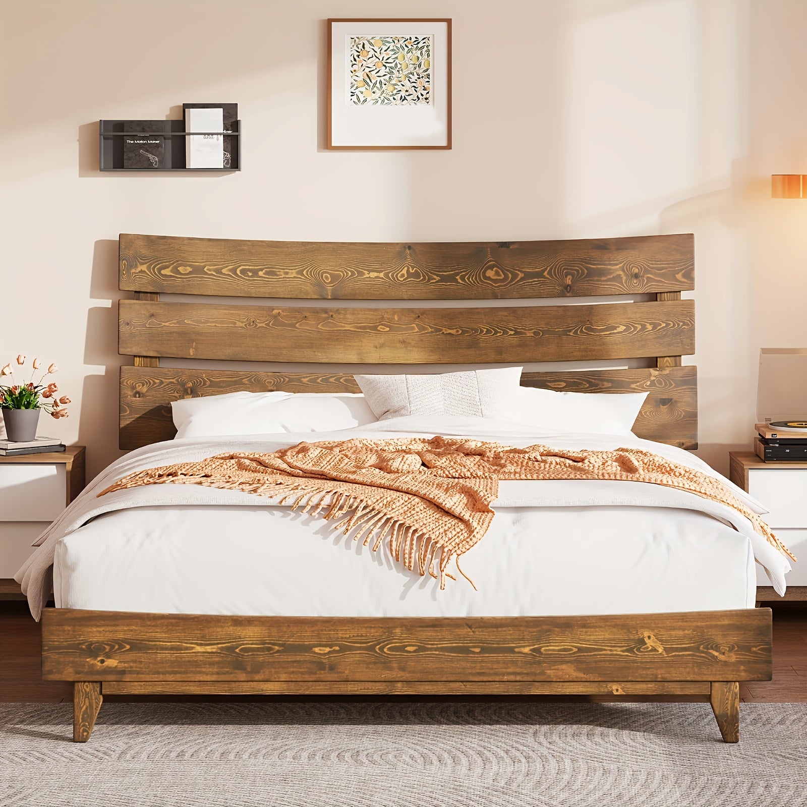 Solid Wood Platform Bed Frame with Wooden Headboard, No Box Spring Needed, Easy Assembly Good Vibrations