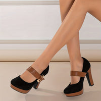 Women's Retro Style Round Toe High Heeled Pumps, Buckle Platform Block Heel Shoes, Women's Footwear Good Vibrations