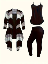 Women'S 3pcs Winter Warmth Set - Oversized Sleeveless Top & Leggings with Geometric Pattern, Soft Stretchy Fabric, Loose Fit Coordinated Outfits in Orange/Blue/Black/Green | Machine Washable Casual to Formal Wear for Office, Good Vibrations