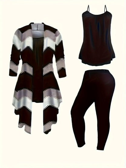 Women'S 3pcs Winter Warmth Set - Oversized Sleeveless Top & Leggings with Geometric Pattern, Soft Stretchy Fabric, Loose Fit Coordinated Outfits in Orange/Blue/Black/Green | Machine Washable Casual to Formal Wear for Office, Good Vibrations