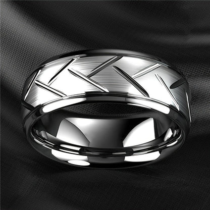 1pc 8MM Luxury High Quality Black Titanium Steel Ring Fashion Simple Men's Black Stainless Steel Wire Groove Tire Ring Artificial Jewelry Lover Gift Good Vibrations