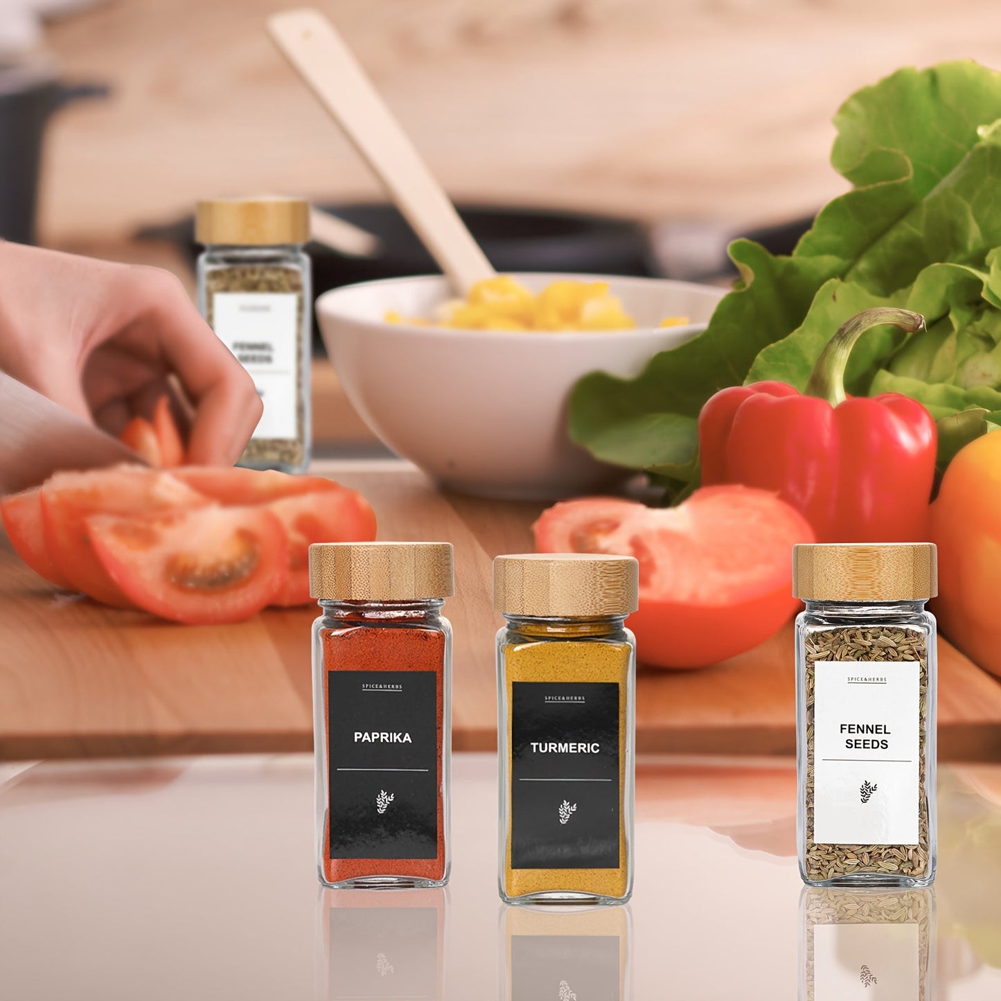 24 Glass Spice Jars with Label, Bamboo Spice Jar Set 4oz Seasoning Containers with Labels, with 2pcs Pepper Grinder, Spice Bottles Funnel, Empty Spice Jars and Shaker Lids Spice Containers Good Vibrations
