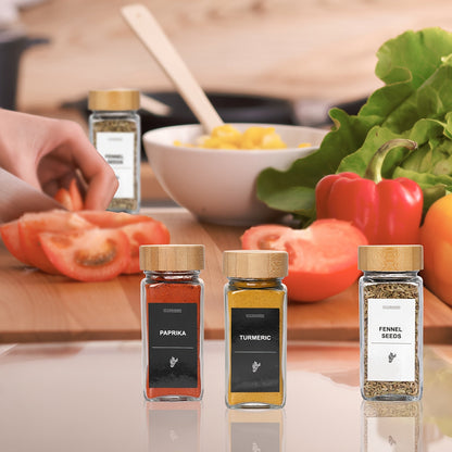 24 Glass Spice Jars with Label, Bamboo Spice Jar Set 4oz Seasoning Containers with Labels, with 2pcs Pepper Grinder, Spice Bottles Funnel, Empty Spice Jars and Shaker Lids Spice Containers Good Vibrations